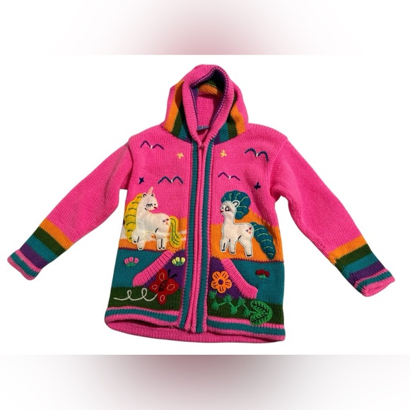Happy Llama Other - Happy Llama Hand - Knitted Girls Unicorn Hoodie • Pink • Pre-Loved